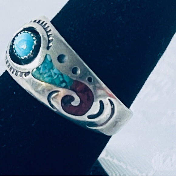 Roie Jaque Navajo Handmade Ring 925 Silver Blue Turquoise & Coral - Sz 7.25 - Picture 3 of 5
